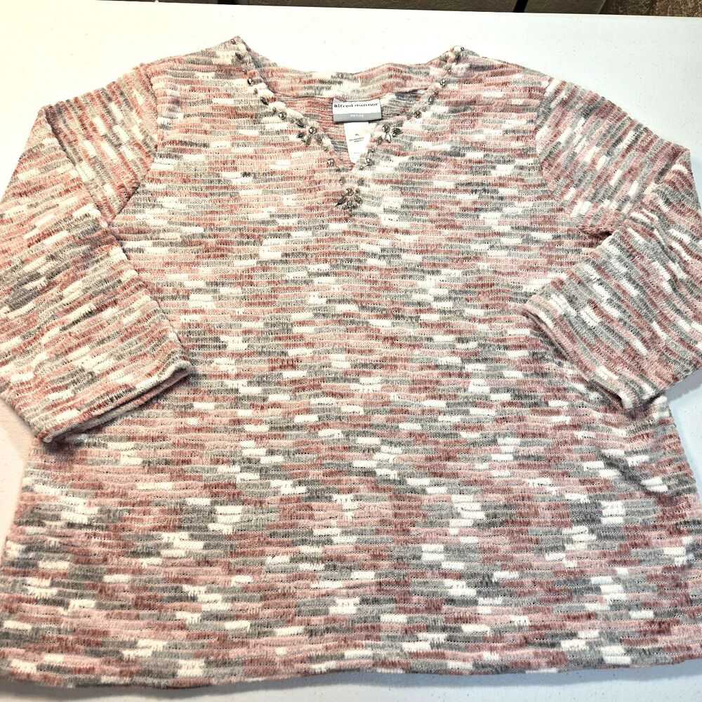 Alfred Dunner Womens Multicolor Sweater Size Petite Large 3/4 Sleeve Rhinestone